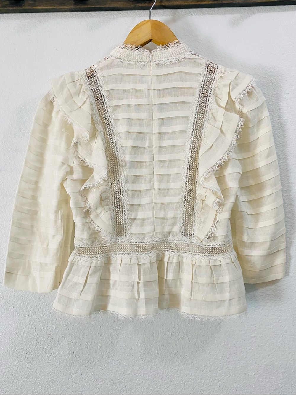 Zimmerman Allia Pintuck High Neck Linen Top Ivory Size 1 US 6 Ruffle Lace Luxury - Picture 5 of 16